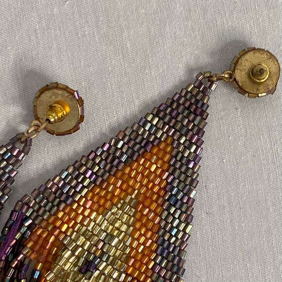 Tribal Oversized Seed Beaded Earrings Posts Chevron Color Black Pattern Fringe - Picture 8 of 9